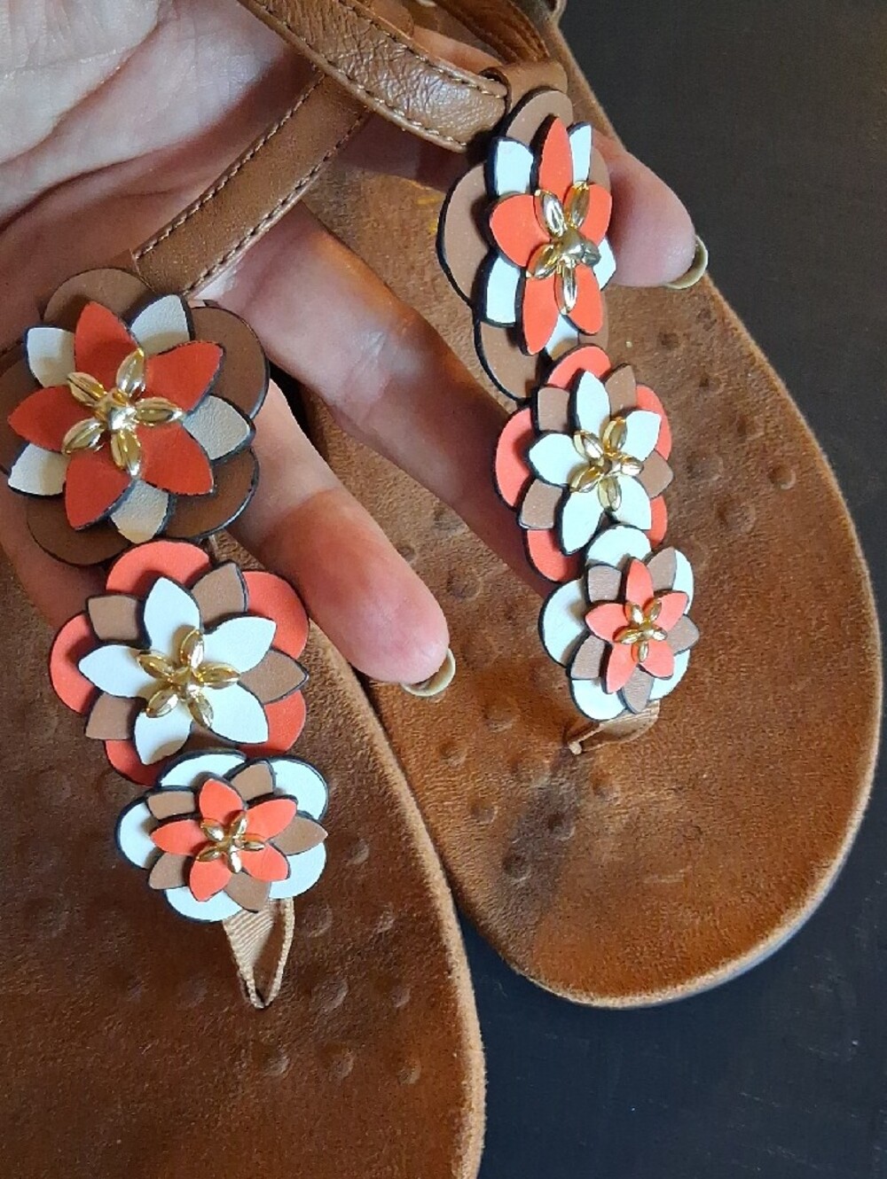 Vionic Brown Paulie T-Strap Sandals with Coral and White Floral Accents - Picture 5 of 14